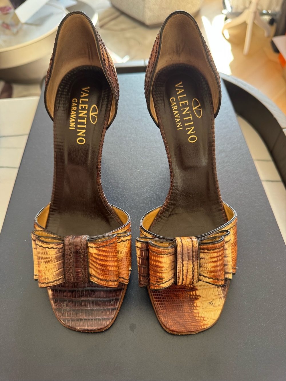 Valentino Garavani Brown and Tan Lizard-Effect Bow Heels